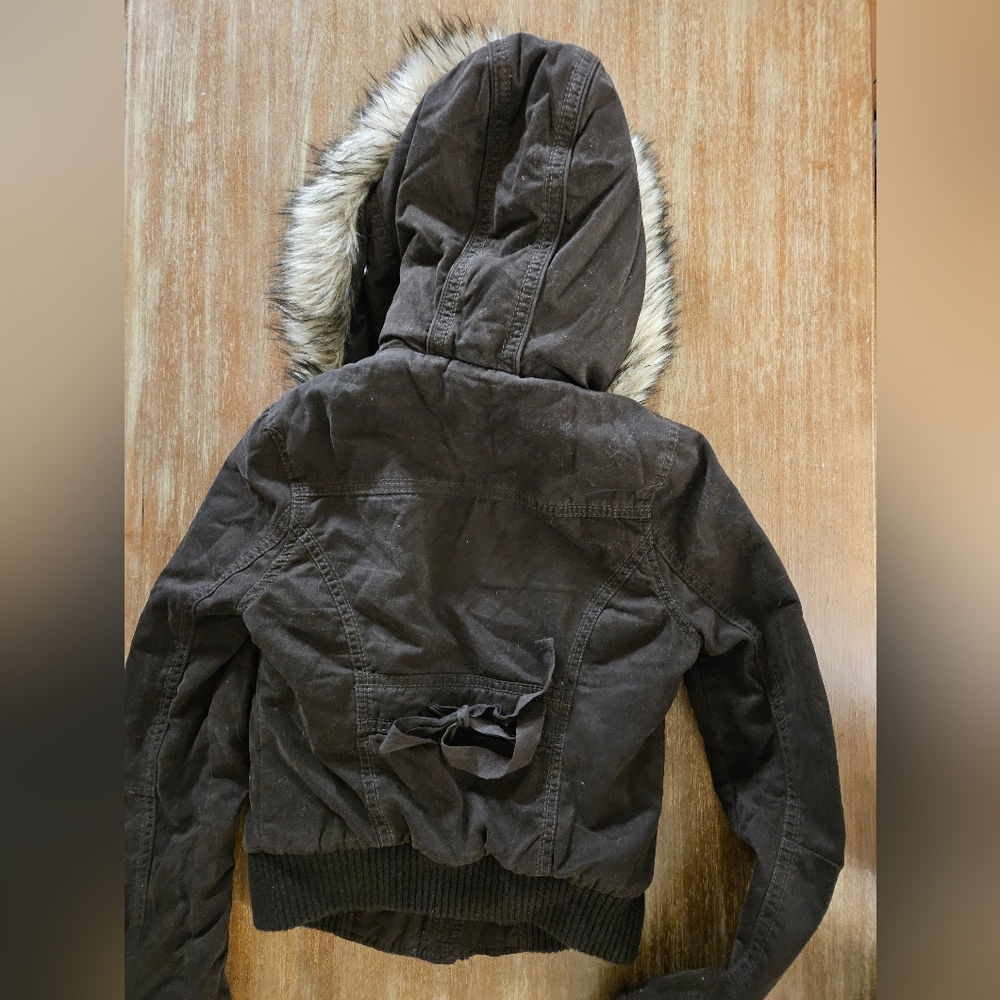 Y2K Vintage Hollister Womens Chocolate Brown Bomber Jacket with Faux Fur Hood XS - Picture 3 of 9